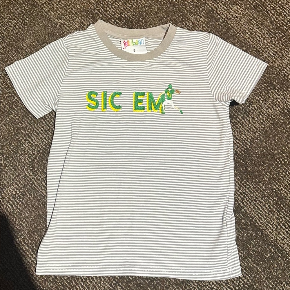 BAYLOR Striped Gray T-Shirt with Green and Yellow monogram, size 5